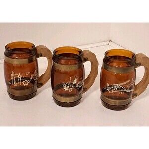 Vintage Siesta Ware Amber Bar Mugs With Wooden Handle Set Of Three